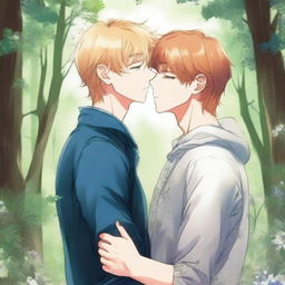 A yaoi manga book cover featuring one guy with blonde hair and blue eyes leaning in to kiss another guy with auburn hair and hazel eyes