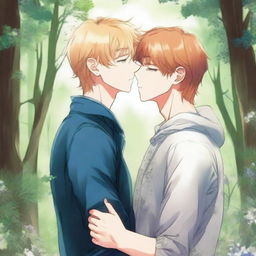 A yaoi manga book cover featuring one guy with blonde hair and blue eyes leaning in to kiss another guy with auburn hair and hazel eyes