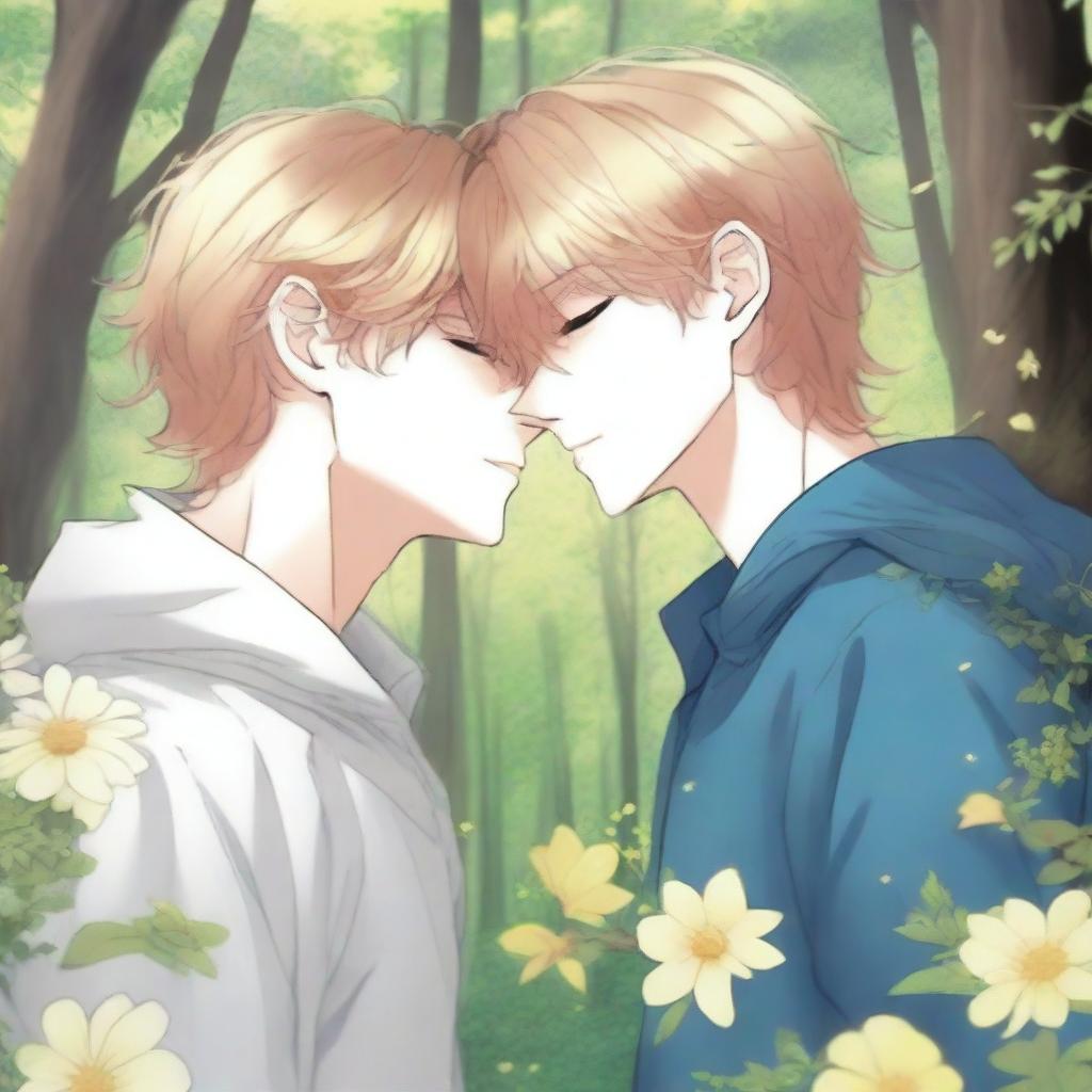 A yaoi manga book cover featuring one guy with blonde hair and blue eyes leaning in to kiss another guy with auburn hair and hazel eyes