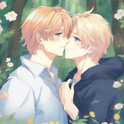 A yaoi manga book cover featuring one guy with blonde hair and blue eyes leaning in to kiss another guy with auburn hair and hazel eyes