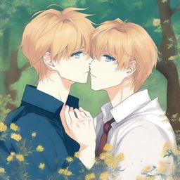 A yaoi manga book cover featuring one guy with blonde hair and blue eyes leaning in to kiss another guy with auburn hair and hazel eyes