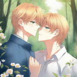 A yaoi manga book cover featuring one guy with blonde hair and blue eyes leaning in to kiss another guy with auburn hair and hazel eyes