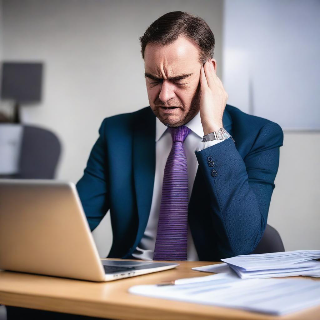 A man in a cheap suit, holding a laptop, crying over his work