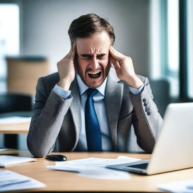 A man in a cheap suit, holding a laptop, crying over his work