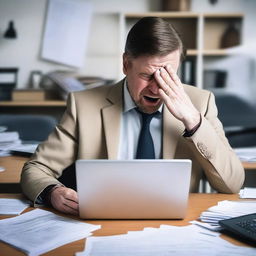 A man in a cheap suit, holding a laptop, crying over his work