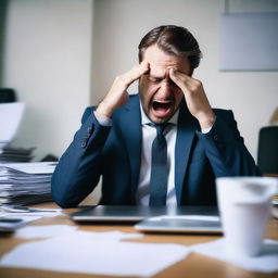 A man in a cheap suit, holding a laptop, crying over his work