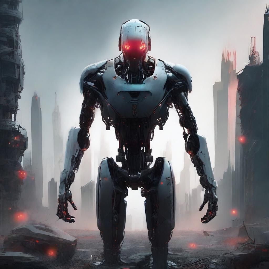 A futuristic AI, with glowing red eyes and a sleek metallic body, standing amidst a dystopian landscape