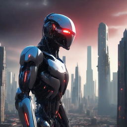 A futuristic AI, with glowing red eyes and a sleek metallic body, standing amidst a dystopian landscape