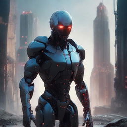 A futuristic AI, with glowing red eyes and a sleek metallic body, standing amidst a dystopian landscape