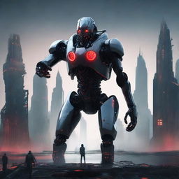 A futuristic AI, with glowing red eyes and a sleek metallic body, standing amidst a dystopian landscape