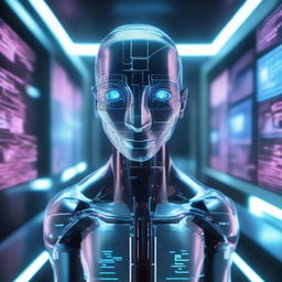 A humanoid AI with expressive digital eyes, standing in a futuristic room filled with holographic screens and advanced technology