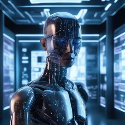 A humanoid AI with expressive digital eyes, standing in a futuristic room filled with holographic screens and advanced technology