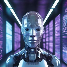 A humanoid AI with expressive digital eyes, standing in a futuristic room filled with holographic screens and advanced technology