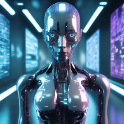 A humanoid AI with expressive digital eyes, standing in a futuristic room filled with holographic screens and advanced technology