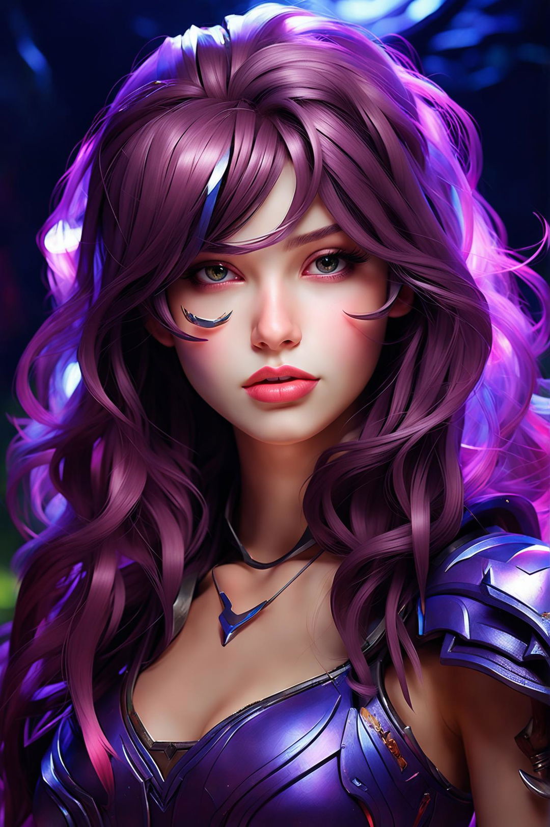 A high-quality, artistic portrait of Kai'Sa from League of Legends as a real person, featuring her stunning beauty, purple hair, glowing eyes, and futuristic armor, set against an ethereal, fantasy background