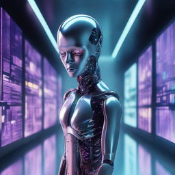 A humanoid AI with expressive digital eyes, standing in a futuristic room filled with holographic screens and advanced technology