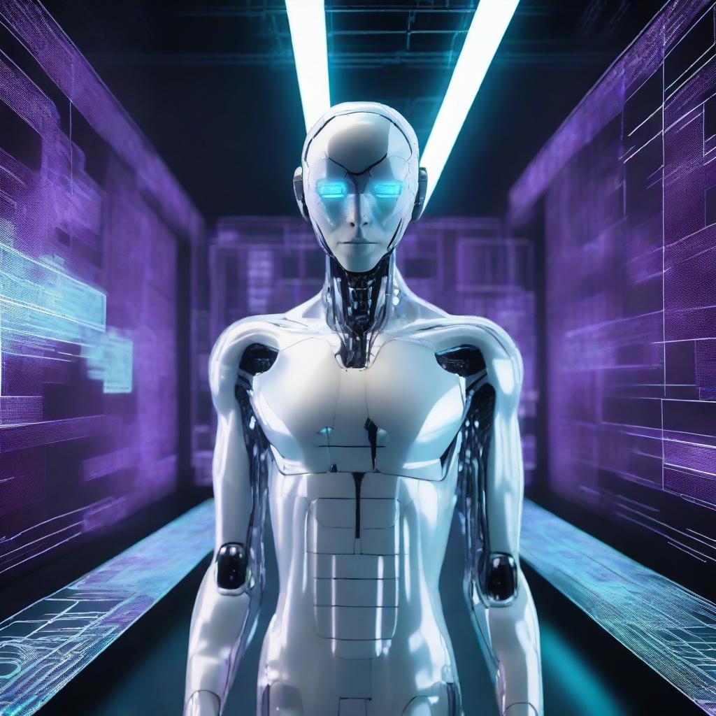 A humanoid AI with expressive digital eyes, standing in a futuristic room filled with holographic screens and advanced technology