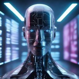 A humanoid AI with expressive digital eyes, standing in a futuristic room filled with holographic screens and advanced technology