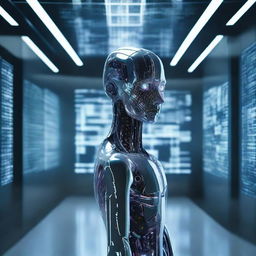 A humanoid AI with expressive digital eyes, standing in a futuristic room filled with holographic screens and advanced technology