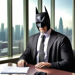 An investment banker in a high-rise office, wearing a business suit with a Batman mask and cape