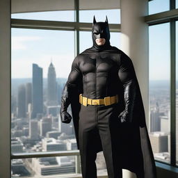 An investment banker in a high-rise office, wearing a business suit with a Batman mask and cape