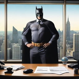 An investment banker in a high-rise office, wearing a business suit with a Batman mask and cape