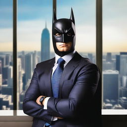 An investment banker in a high-rise office, wearing a business suit with a Batman mask and cape