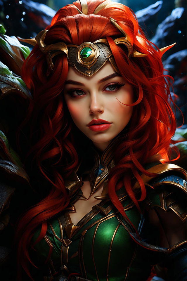 A high-quality, artistic portrait of Miss Fortune from League of Legends as a real person, set in a fantasy background, highlighting her stunning beauty