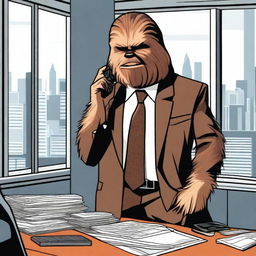 Chewbacca, the iconic Wookiee from Star Wars, dressed in a tailored business suit, standing in a modern office