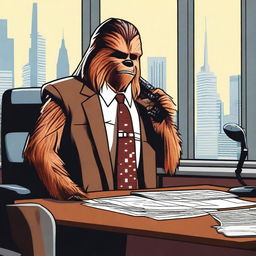 Chewbacca, the iconic Wookiee from Star Wars, dressed in a tailored business suit, standing in a modern office