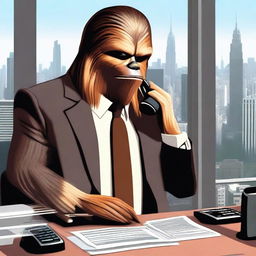 Chewbacca, the iconic Wookiee from Star Wars, dressed in a tailored business suit, standing in a modern office