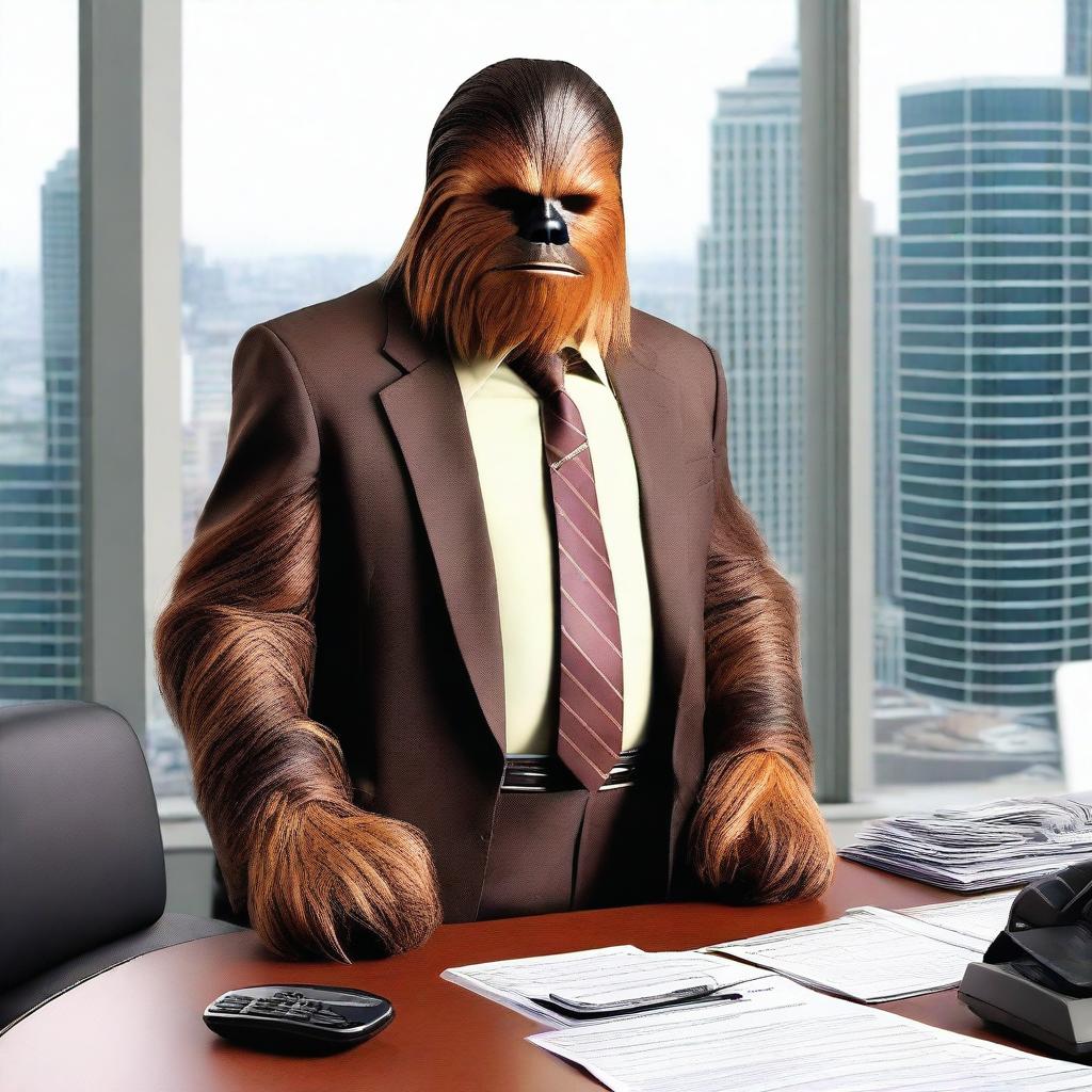 Chewbacca, the iconic Wookiee from Star Wars, dressed in a tailored business suit, standing in a modern office