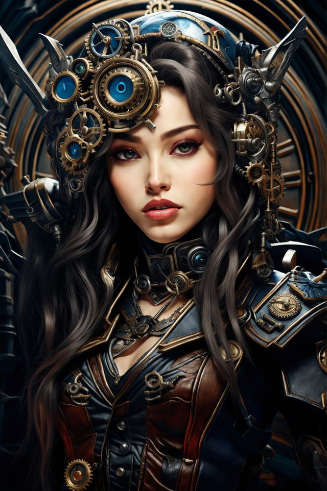 A high-quality, artistic portrait of Caitlyn from League of Legends as a real person, set in a steampunk fantasy background, highlighting her stunning beauty