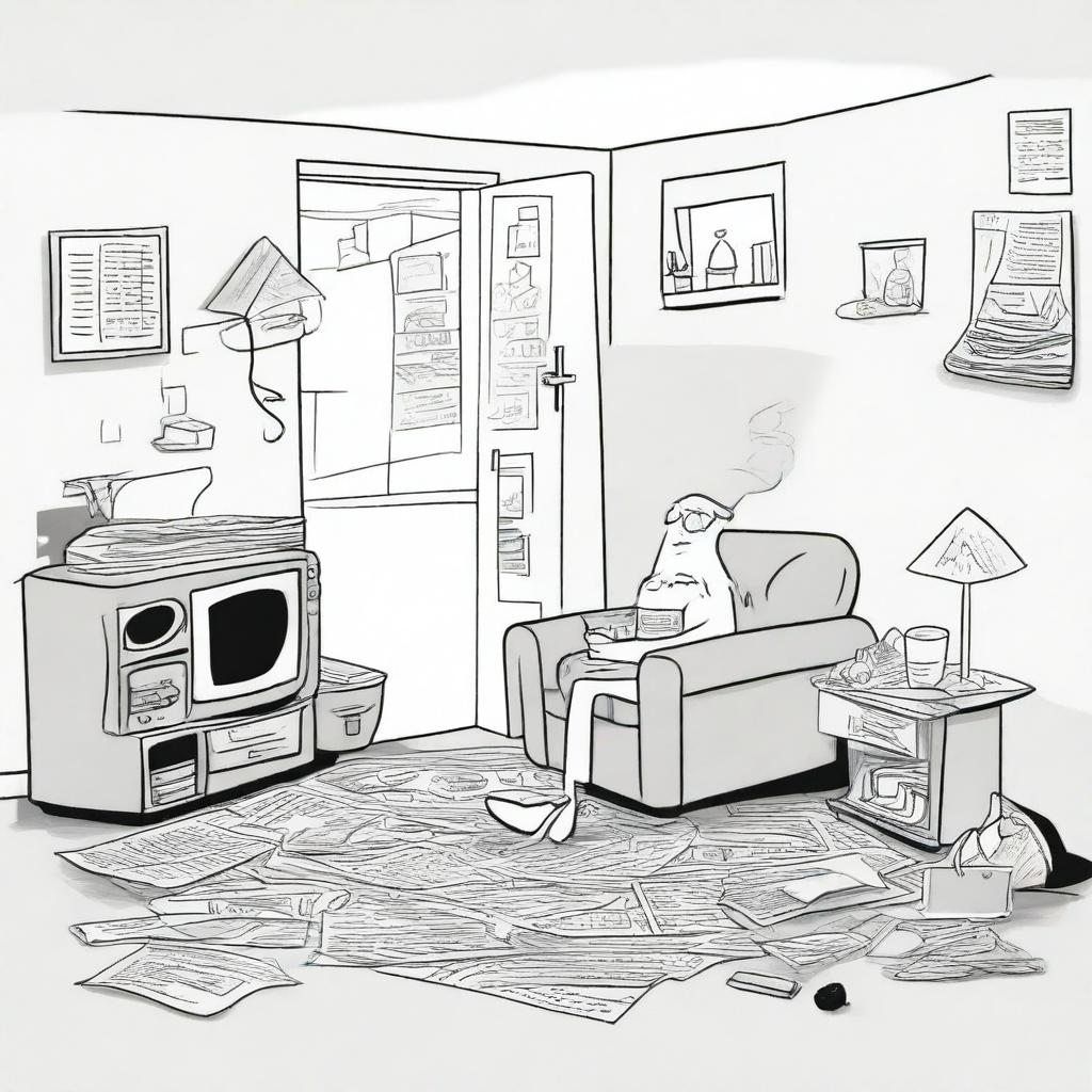 A cartoon-style illustration of a moth smoking a spliff in a cluttered one-bedroom apartment