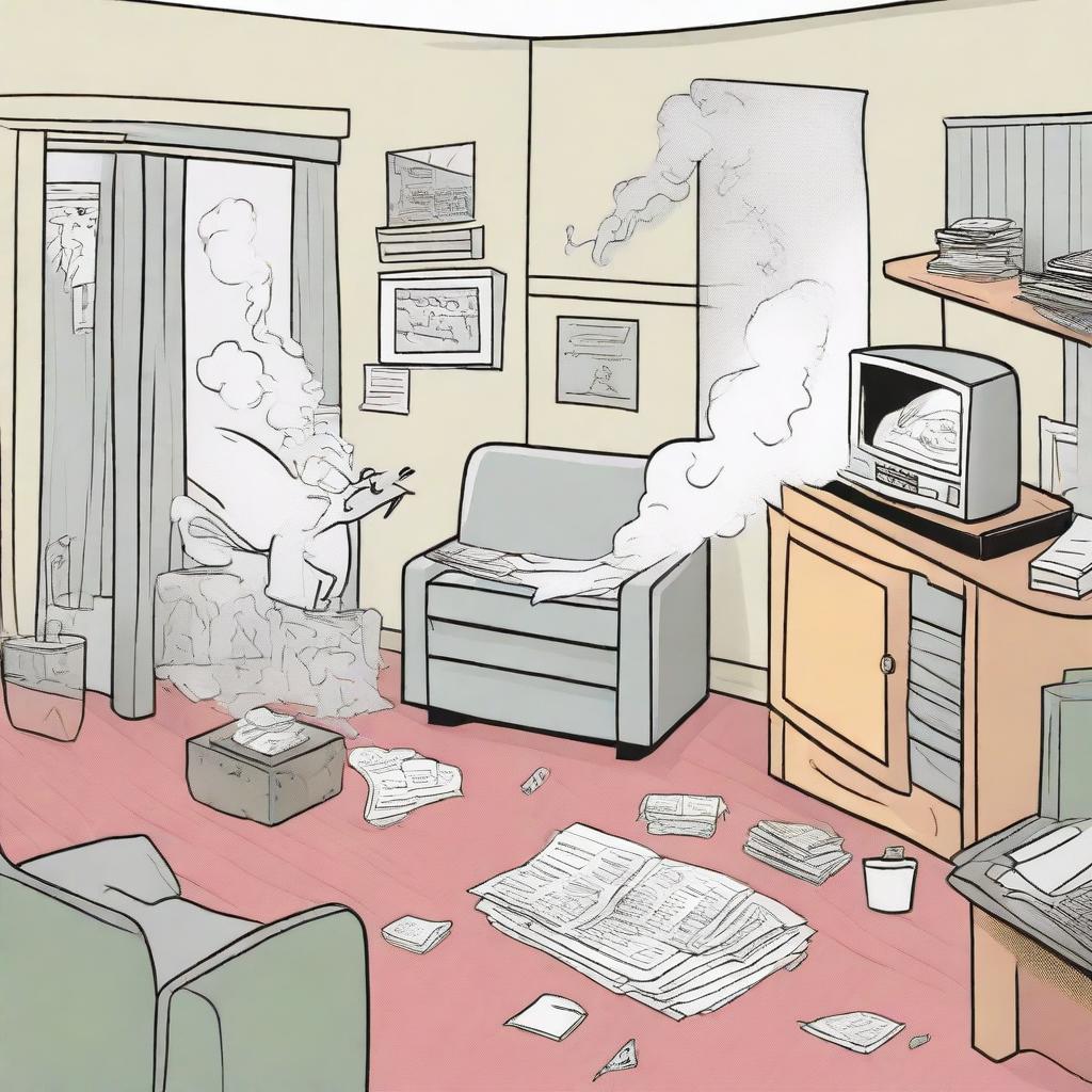 A cartoon-style illustration of a moth smoking a spliff in a cluttered one-bedroom apartment