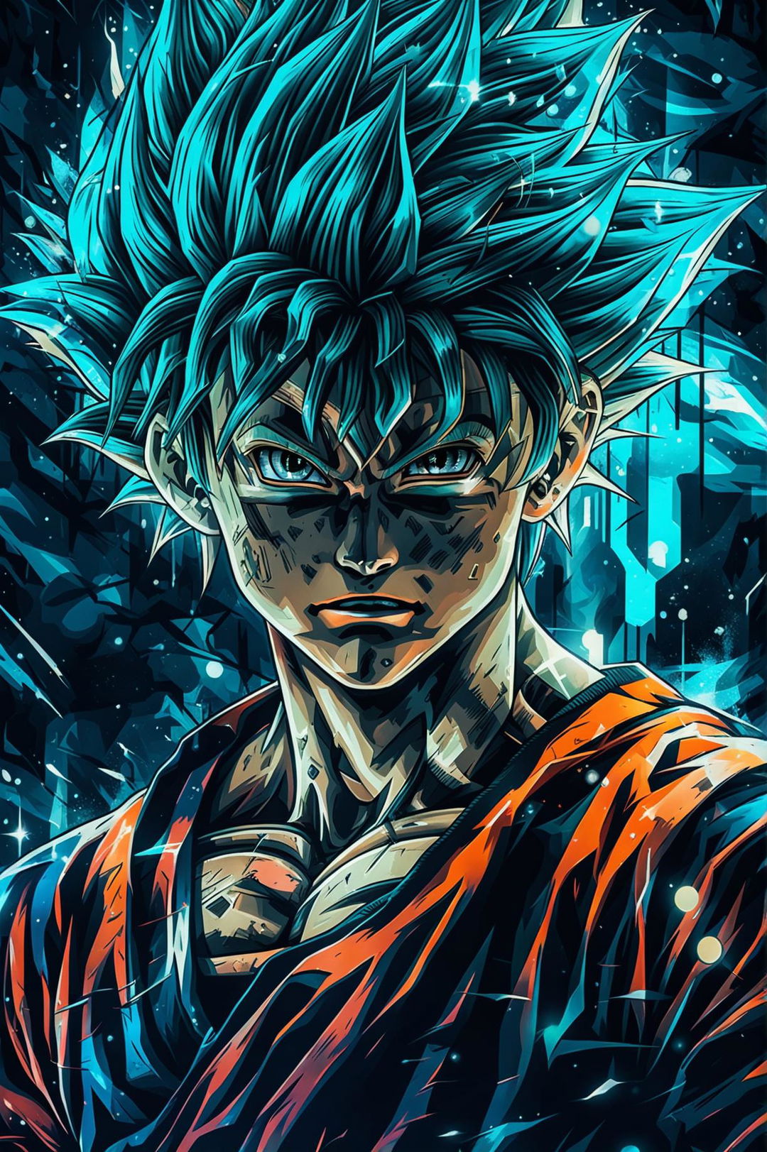 A high-quality, artistic portrait of Goku as a real person in a fantasy and ghostpunk style with a cinematic feel