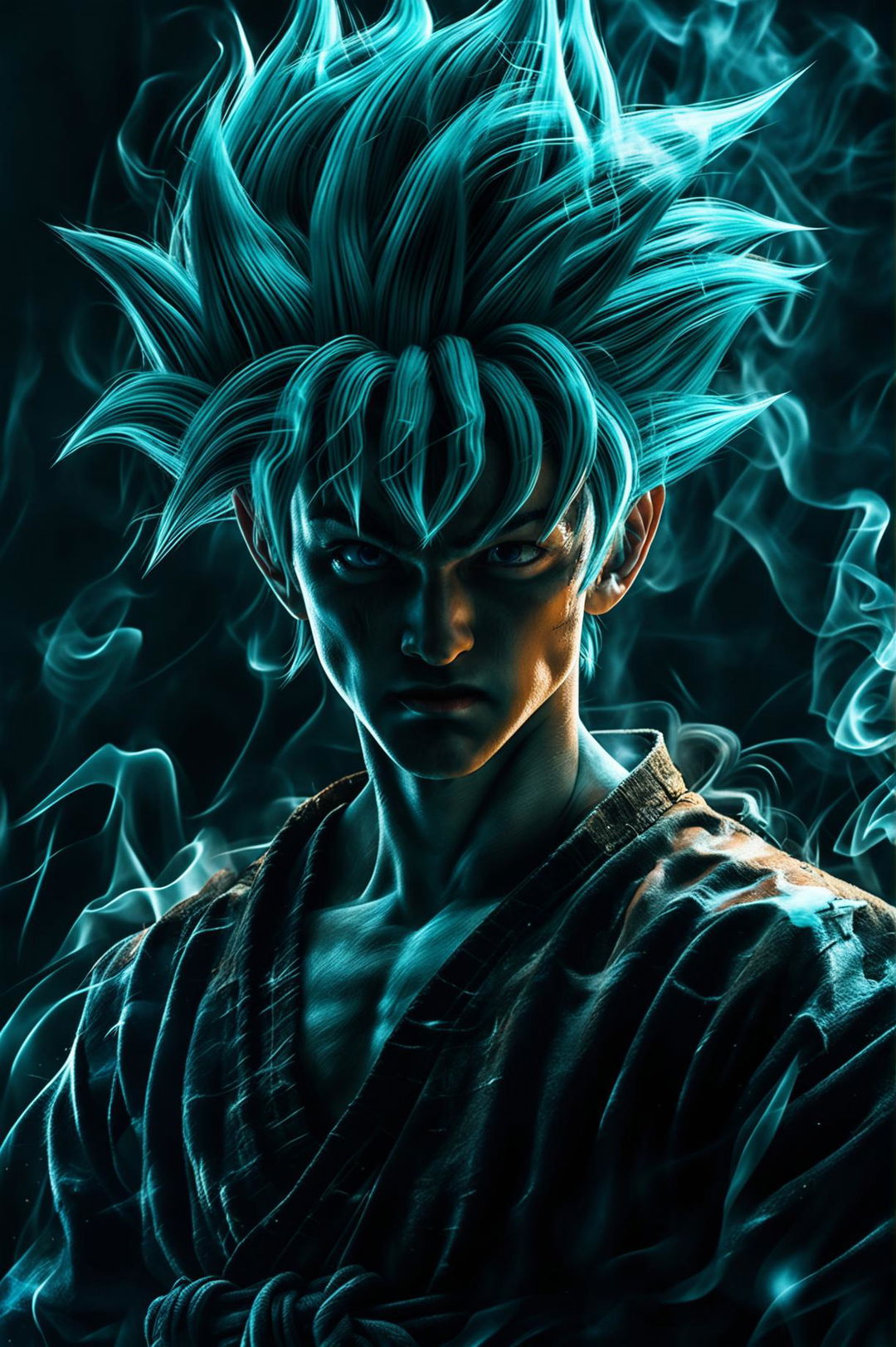 A high-quality, cinematic portrait photograph of Goku as a real person in a fantasy and ghostpunk style with smoke and ethereal details