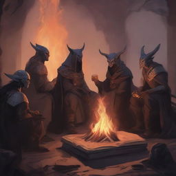 A mysterious sorcerer, a wolffolk, a Warforged, a tiefling, a hobbit, and three humans sitting around a fire in an intricate design