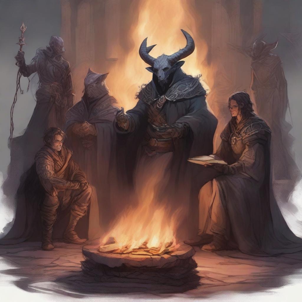 A mysterious sorcerer, a wolffolk, a Warforged, a tiefling, a hobbit, and three humans sitting around a fire in an intricate design