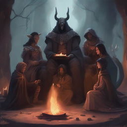 A mysterious sorcerer, a wolffolk, a Warforged, a tiefling, a hobbit, and three humans sitting around a fire in an intricate design