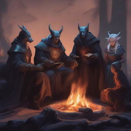 A mysterious sorcerer, a wolffolk, a Warforged, a tiefling, a hobbit, and three humans sitting around a fire in an intricate design