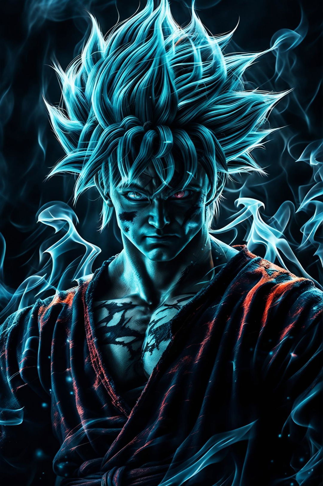 A high-quality, cinematic portrait photograph of Goku as a real person, with a masculine and jacked physique, in a fantasy and ghostpunk style with smoke and hints of demonic possession