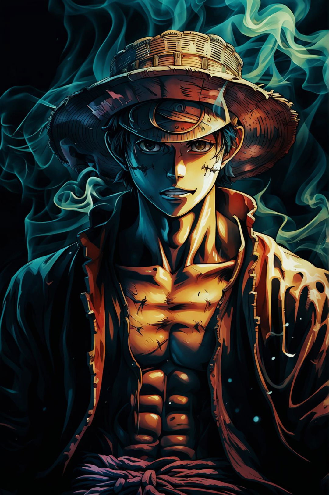 A high-quality, cinematic portrait photograph of Luffy as a real person, with a masculine and jacked physique, in a fantasy and ghostpunk style with smoke and hints of demonic possession