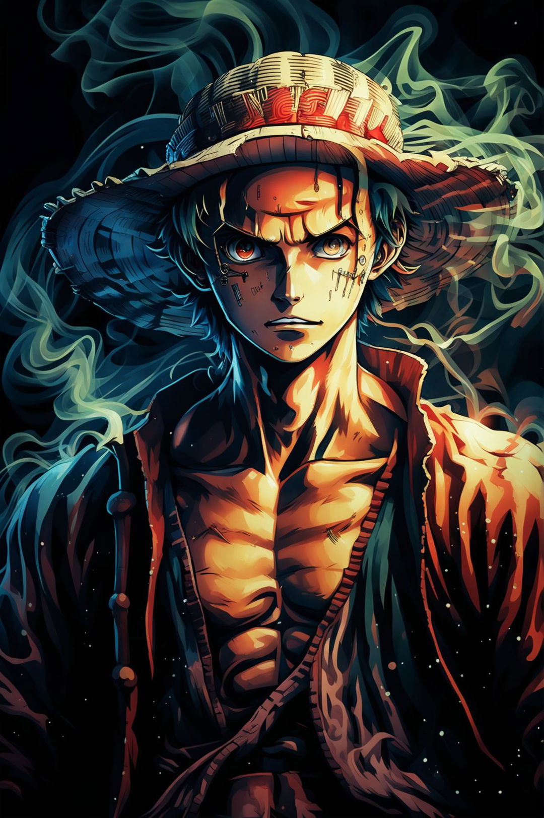 A realistic, high-quality, cinematic portrait photograph of Luffy as a real person, with a masculine and jacked physique, in a fantasy and ghostpunk style with smoke and hints of demonic possession