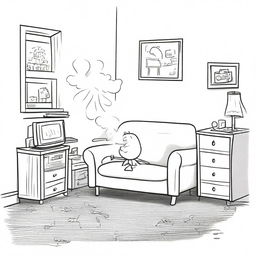 A cartoon-style illustration of a moth smoking a spliff in a cluttered one-bedroom apartment, drawn in the style of a Charlie Brown cartoon