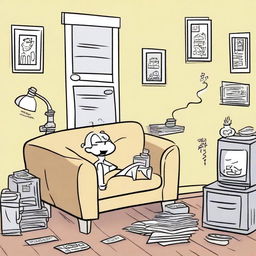 A cartoon-style illustration of a moth smoking a spliff in a cluttered one-bedroom apartment, drawn in the style of a Charlie Brown cartoon