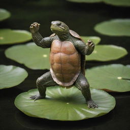 A striking image of an anthropomorphic turtle performing a kung fu stance on a lily pad, adorned in traditional martial arts attire.