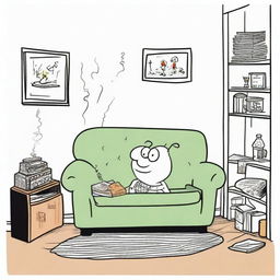 A cartoon-style illustration of a moth smoking a spliff in a cluttered one-bedroom apartment, drawn in the style of a Charlie Brown cartoon