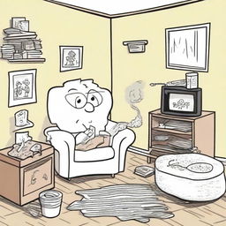 A cartoon-style illustration of a moth smoking a spliff in a cluttered one-bedroom apartment, drawn in the style of a Charlie Brown cartoon