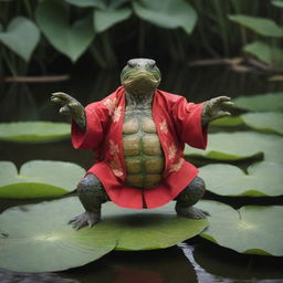 A striking image of an anthropomorphic turtle performing a kung fu stance on a lily pad, adorned in traditional martial arts attire.